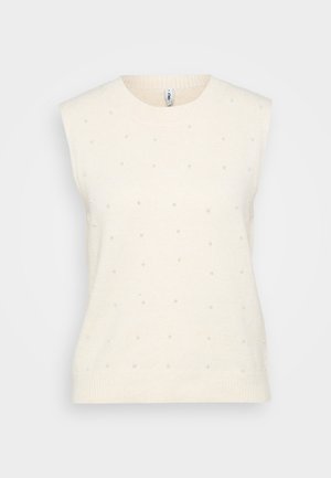 Mouwloze crèmekleurige pullover met een ronde halslijn, voorzien van kleine decoratieve kralen die gelijkmatig over de stof zijn verdeeld. Zachte textuur.