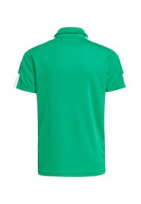 Polo verde con un design pulito, caratterizzato da un colletto classico e maniche corte con dettagli bianchi sulle spalle. Tessuto leggero.