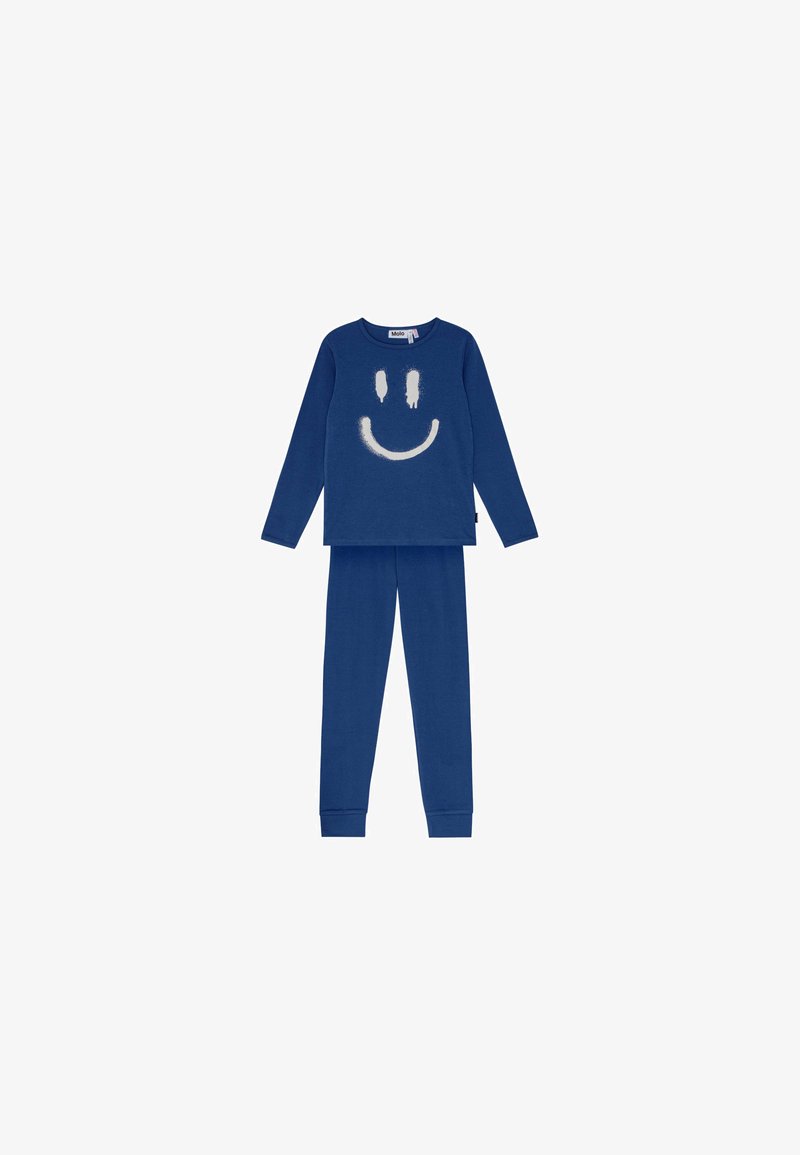 Navyblauw loungewear set gemaakt van zachte stof, met een lange mouwen top met een witte glimlachende gezicht ontwerp en bijpassende broek.