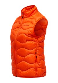 Oranje gewatteerde vest met een hoge kraag, ritssluiting en een golfpatroonstructuur. Beschikt over twee zijzakken met ritsen. Lichtgewicht ontwerp.