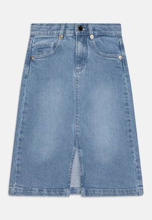 Denim skirt in light blue with a front slit, two front pockets, and golden hardware accents. Straight cut and knee-length design.