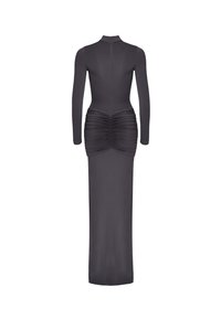 Langemouwige, aansluitende zwarte jurk met geplooide details aan de achterkant, glanzende stof, hoge hals en een ritssluiting aan de achterkant.