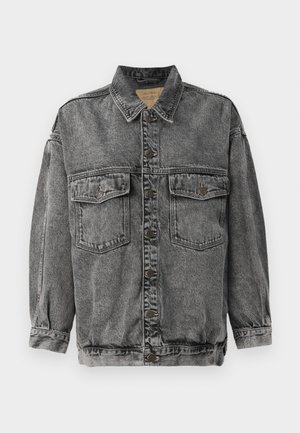 Black washed denim jacket with button front, two chest flap pockets, long sleeves, and pointed collar.