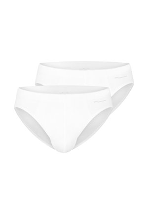 Twee effen witte herenslips met een gladde, elastische tailleband zonder zichtbare patronen of versieringen.