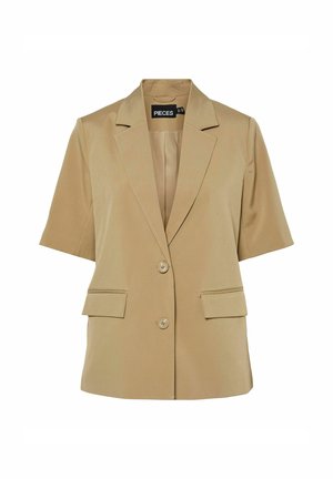 Bež lühikese varrukaga bleiser, millel on sakiline krae, kaks esikotti ja kaks nööpi. Valmistatud siledast kangast, millel on kohandatud sobivus.