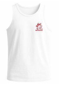 Weißes Baumwoll-Tanktop mit einem roten Grafikmotiv eines Cartoon-Katzens, der ein Stück Pizza hält, und dem Text "NEVERLESS." Klassisches Rundhalsdesign.