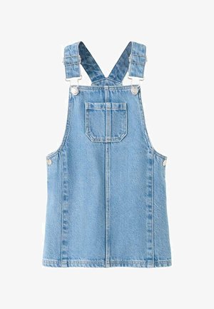 Denim overallskjole i lyseblå, med justerbare stropper, en brystlomme og sølvfarvet hardware. Glat tekstur med et klassisk snit.