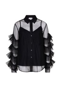 Zwarte transparante blouse met een knoopsluiting, voorzien van gelaagde zwarte tule ruffles op de mouwen en een onderlaag in cami-stijl.