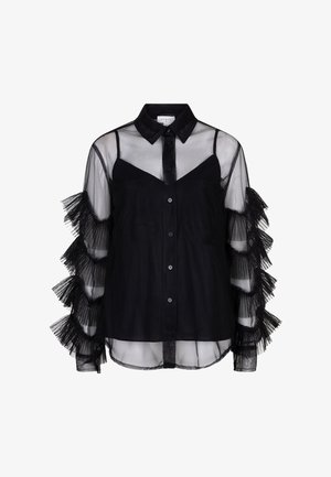 Schwarze transparente Bluse mit Knopfverschluss, die mit geschichteten schwarzen Tüllrüschen an den Ärmeln und einer Unterlage im Camisole-Stil versehen ist.