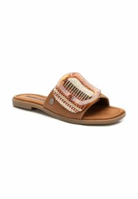 Sandalo a infradito marrone con una fascia ampia decorata con dettagli intrecciati in beige e bordeaux, un accent translucent e una suola piatta in gomma.