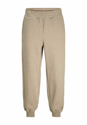 Beżowe dresy z rypsowym paskiem w talii i mankietami, z kieszeniami po bokach i gładką teksturą bawełnianą. Prosty, minimalistyczny design.