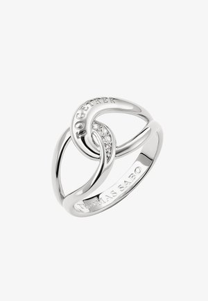 Silberner Ring mit ineinander verschlungenen Bändern, oben mit "TOGETHER" und innen mit "THOMAS SABO" graviert, mit kleinen eingearbeiteten Kristallen.