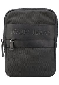 Pochette nera in nylon con zip e logo in rilievo "JOOP! JEANS", caratterizzata da una superficie testurizzata e un piccolo tirante sulla zip laterale.
