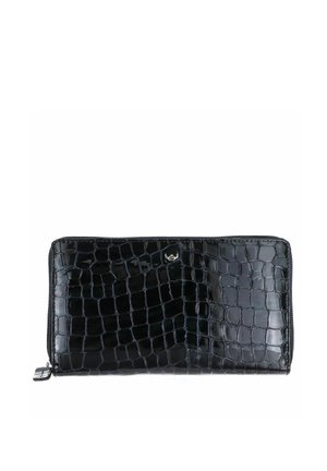 Black crocodile-textured leather zip-around wallet with a small silver emblem near the top center and a zipper pull tab on the left.