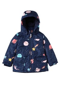 Veste à capuche bleu marine pour enfants avec motifs colorés de planètes, étoiles et constellations et poches avant à rabats.