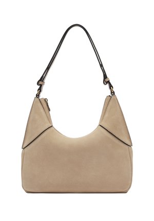 Beige suède handtas met een ronde vorm, zwarte leren schouderband en hoekige accenten. Beschikt over minimale hardware en een zachte textuur.