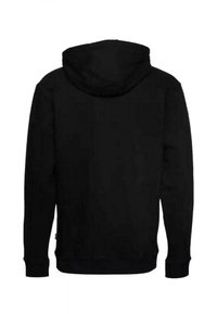 Felpa nera con cappuccio, maniche lunghe, polsini e orlo a costine, texture liscia e senza loghi o motivi visibili sul retro.