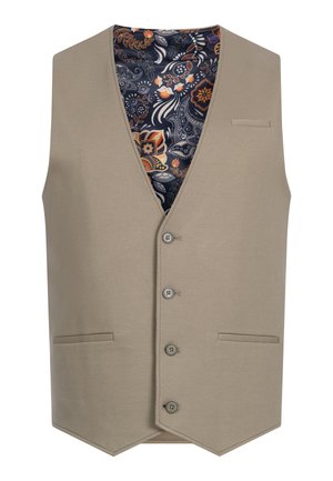 Beige vest met een V-hals, vijf knopen aan de voorkant en twee zakken. De binnenvoering heeft een kleurrijk bloemen- en paisleypatroon.
