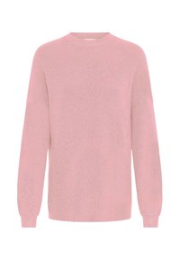 Pink knit sweater featuring a relaxed fit, long sleeves, and a round neckline with ribbed texture and cuffs.
