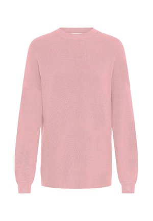 Vaaleanpunainen neulepaita, jossa on rento malli, pitkät hihat ja pyöreä pääntie, ribbireunat ja hihansuut.