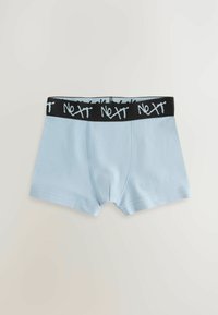 Hellblaue Baumwoll-Boxershorts mit einem schwarzen elastischen Bund, der mit weißen "NEXT"-Buchstaben versehen ist. Glatte Textur und taillierte Passform.