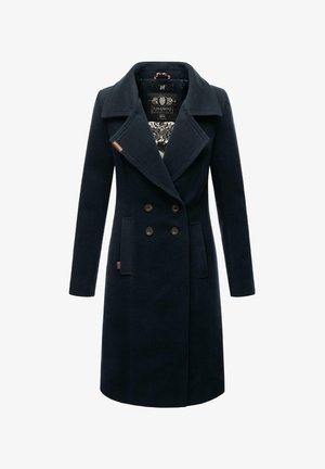 Tamnoplavi vuneni kaput s dvostrukim prednjim kopčanjem, velikim reverima, dva prednja džepa i ušivenom oblogom s uzorkom. Detalji od smešnog kože.