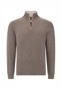 Brun, långärmad tröja med hög krage och halv dragkedja. Har kontrasterande beige dragkedja och texturerad stickad tyg.