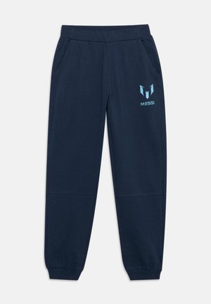 Pantalon de survêtement bleu marine avec taille et poignets élastiques, poches latérales, et logo Messi bleu clair sur la partie supérieure de la jambe gauche.
