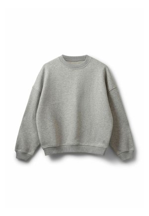 Felpa grigia chiara con scollo rotondo, maniche lunghe, polsini e vita a coste, mostrata piatta su uno sfondo bianco.