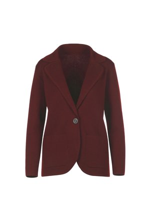 Dark red single-button blazer with notched lapels and two front patch pockets, displayed on a white background.