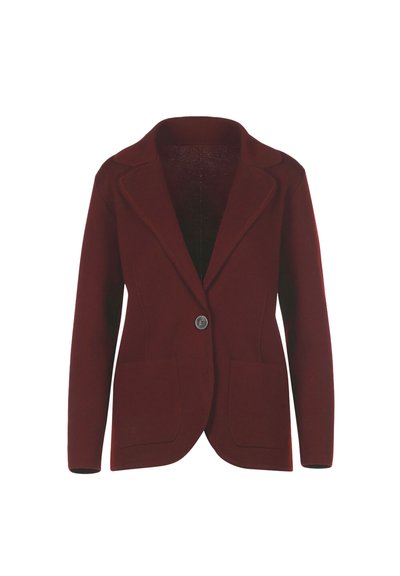 Dark red single-button blazer with notched lapels and two front patch pockets, displayed on a white background.