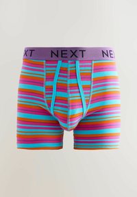 Caleçons pour hommes avec un motif rayé multicolore comprenant du turquoise, du rose et de l'orange. Ceinture élastique violette avec le logo "NEXT".