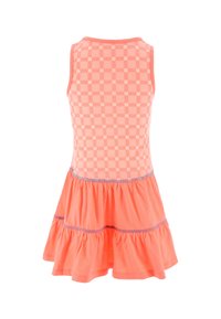 Koralfarbenes Tankkleid mit kariertem Oberteil, mehrlagigem Rüschensaum und Kontrastnähten an der Taille. Aus weichem Baumwollmaterial.