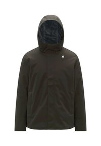 Donkerbruine buitenjas met capuchon, ritssluiting, twee zijzakken en een gestructureerde voering aan de binnenkant. Zilveren logo op de borst.