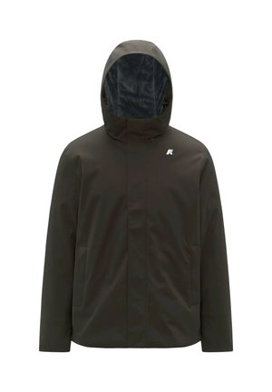 Dunkelbraune Außenjacke mit Kapuze, Reißverschluss, zwei Seitentaschen und einem strukturierten Innenfutter. Silbernes Logo auf der Brust.