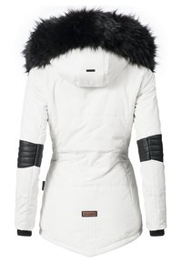 White insulated jacket with a black faux fur hood, black leather accents on sleeves, and a tag at the back. Textured and quilted design.