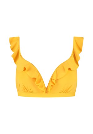 Žlutý vršek bikin s hlubokým výstřihem do V, ozdobnými volánky na ramínkách a lemováním vpředu i na ramenou.