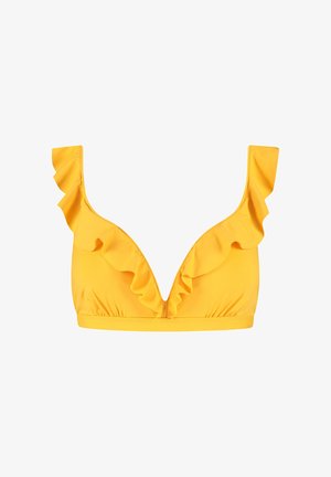 Żółty top bikini z głębokim dekoltem w kształcie litery V oraz falbankami na ramionach i przodzie.