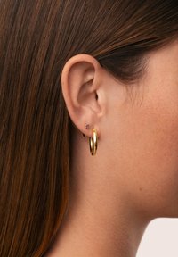 Boucles d'oreilles en or en forme de cercle et une petite puce en pierre précieuse violette dans le lobe, mises en valeur sur une peau lisse et des cheveux bruns. Design simple et poli.