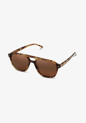 Tortoiseshell sunglasses with brown lenses, rectangular shape, and thin arms. Features subtle metallic accents on the frame.