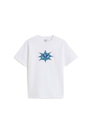 Vit bomull t-shirt med en blå grafisk design med en stjärna och cirkulärt motiv i mitten. Korta ärmar, rundad halsringning, standardpassform.