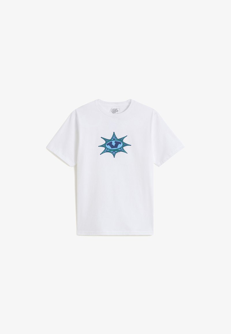 Hvid bomulds t-shirt med et blåt grafisk design med en stjerne og cirkulært motiv i midten. Korte ærmer, rund hals, standard pasform.