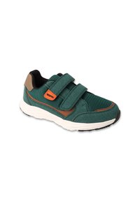 Zielone buty sportowe z rzepami, czarnymi i brązowymi akcentami, strukturalnym materiałem i białą podeszwą. Posiadają panel z siateczki dla lepszej wentylacji.