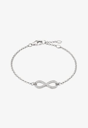 Bracelet chaîne en argent avec un petit symbole infini incrusté de pierres claires et une fermeture à mousqueton.