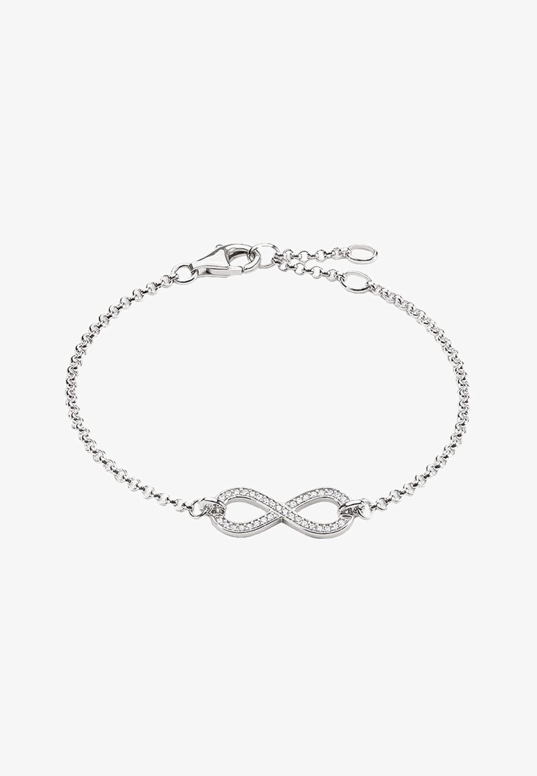 Bracelet chaîne en argent avec un petit symbole infini incrusté de pierres claires et une fermeture à mousqueton.
