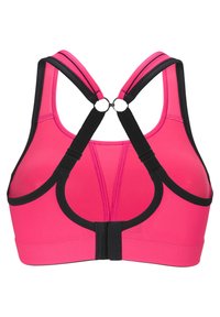 Rosa sportbh med svarta accenter, med en racerbackdesign, säkra knäppningar och kontrasterande sömmar. Slät tygtextur.
