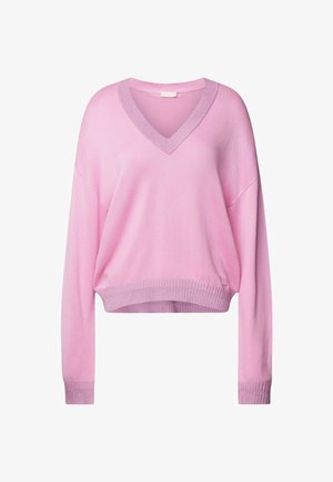 Maglione rosa a scollo a V con una vestibilità ampia, orlo e polsini a costine. Texture morbida, con una tonalità più chiara a contrasto lungo il colletto.