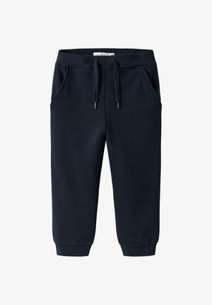 Pantalon de jogging bleu marine en tissu doux, doté d'une taille élastiquée avec cordons, de poches latérales et de poignets côtelés à la cheville.