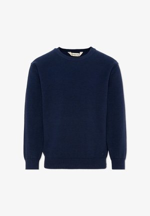 Pull bleu marine à col rond avec manches longues, poignets et ourlet côtelés, en tissu tricoté, étiqueté taille 6 ans.