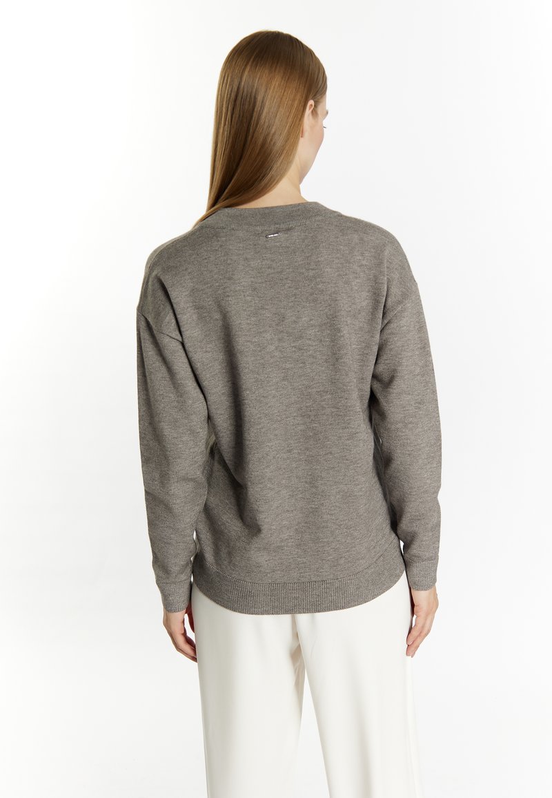 Grauer Strickpullover mit lockerer Passform, gerippten Bündchen und Saum. Weicher Stoff, runder Ausschnitt und minimale Details auf der Rückseite.